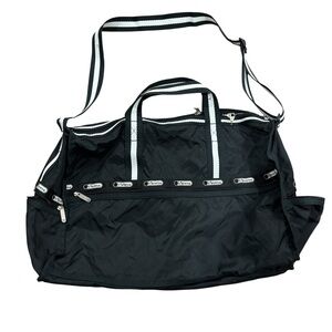 LeSportsac Black Nylon Weekender Duffle Bag Striped Strap Travel Gym Large